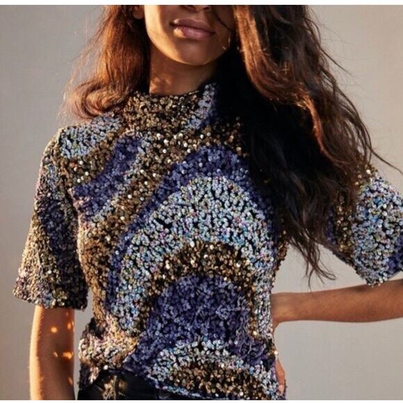 Anthropologie Maeve NEW Women's Multicolor Sequin Mockneck Top MSRP $138 Sz XS - Picture 1 of 7